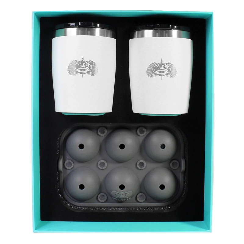 Toadfish Non-Tipping 10oz White Rocks Tumblers w/Ice Ball Tray  2 Tumblers  Boat Box