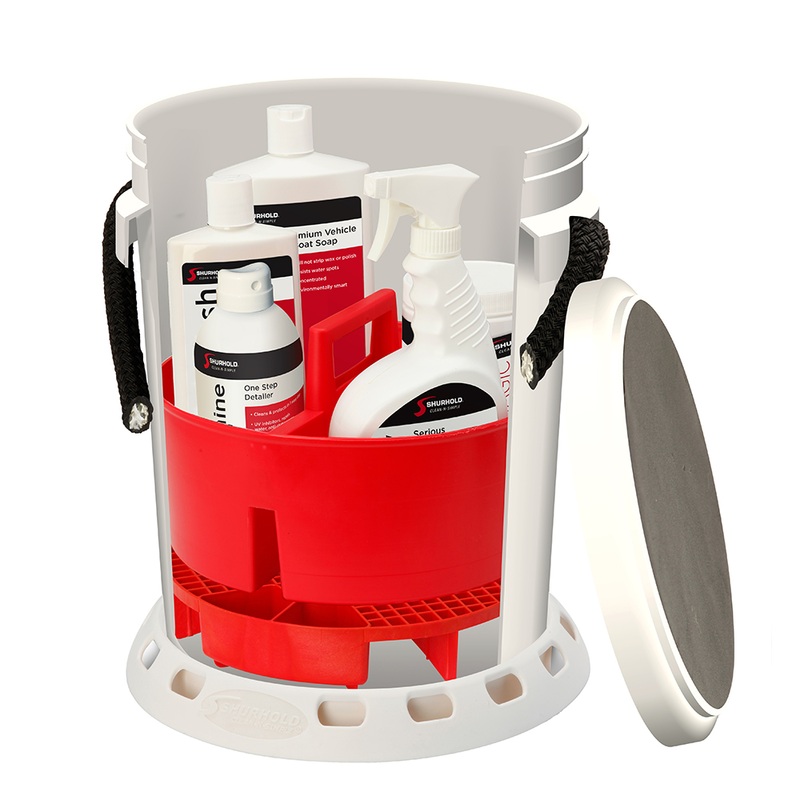 Shurhold 5 Gallon White Bucket Kit  Includes Bucket, Caddy, Grate Seat, Buff Magic, Pro Polish Brite Wash, SMC & Serious Shine  Boat Box