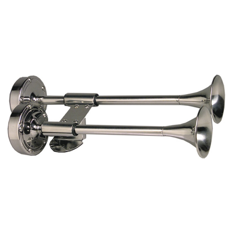 Schmitt Marine Deluxe All-Stainless Shorty Dual Trumpet Horn  12V  Boat Box