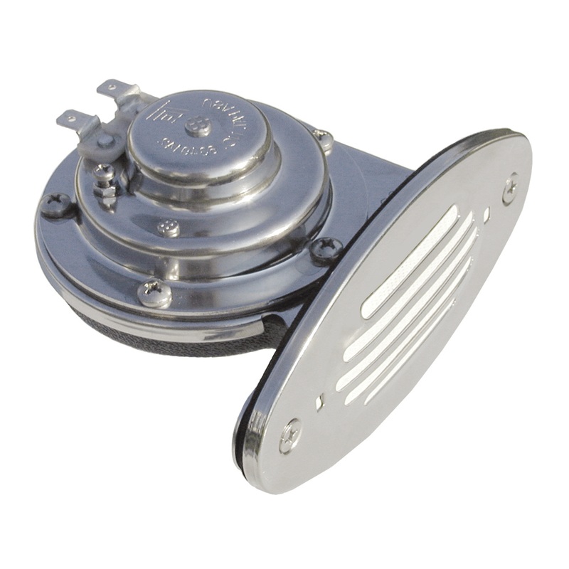 Schmitt Marine Mini Stainless Steel Single Drop-In Horn w/Stainless Steel Grill  12V Low Pitch  Boat Box