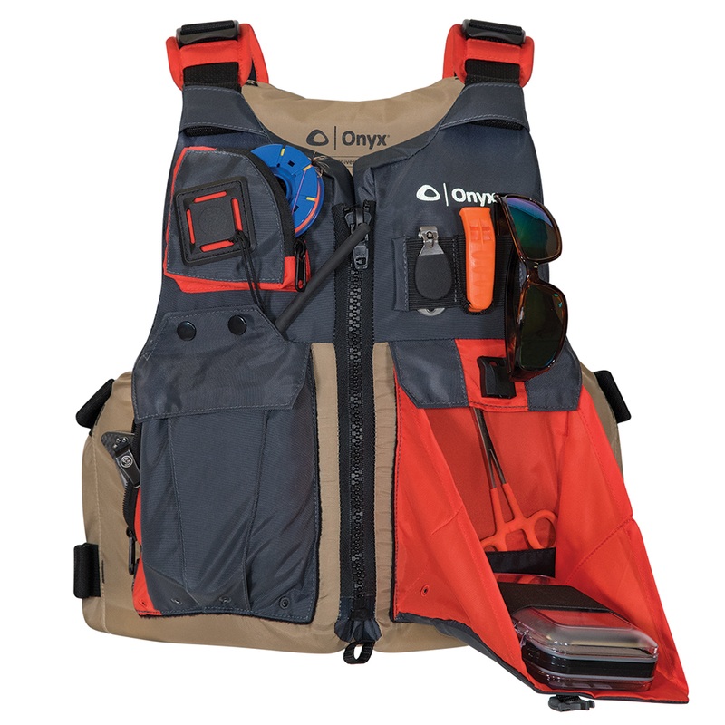 Onyx Kayak Fishing Vest  Adult Universal  Tan/Grey  Boat Box