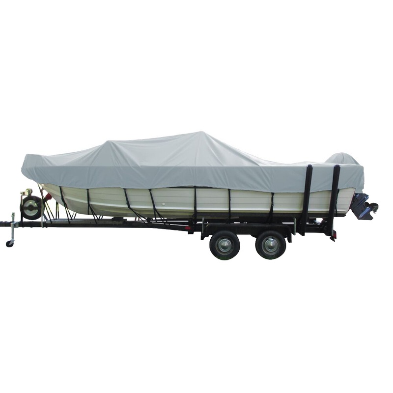 Carver Performance Poly-Guard Wide Series Styled-to-Fit Boat Cover f/18.5′ Aluminum V-Hull Boats w/Walk-Thru Windshield  Grey  Boat Box